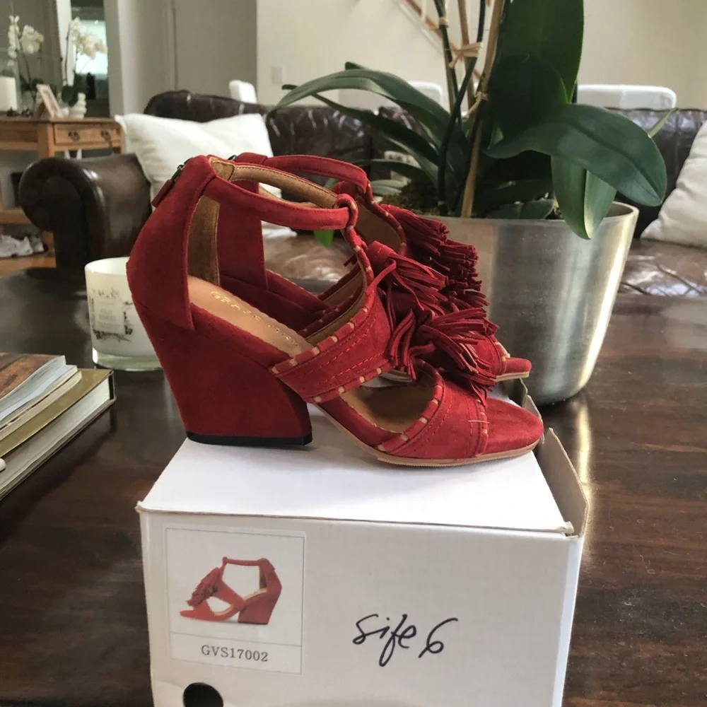 Red Suede Fringe Block Heel Sandals - Women , Grape vine